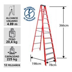 ESCALERA TIJERA FIBRA DE VIDRIO 3.66 M. / 12P INDUSTRIAL